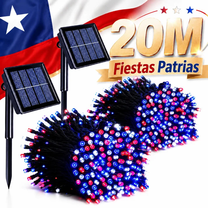 Pack 2 Guirnaldas Luces Solares LED IP65 para Fiestas Patrias Chile Jardín Terraza Exterior