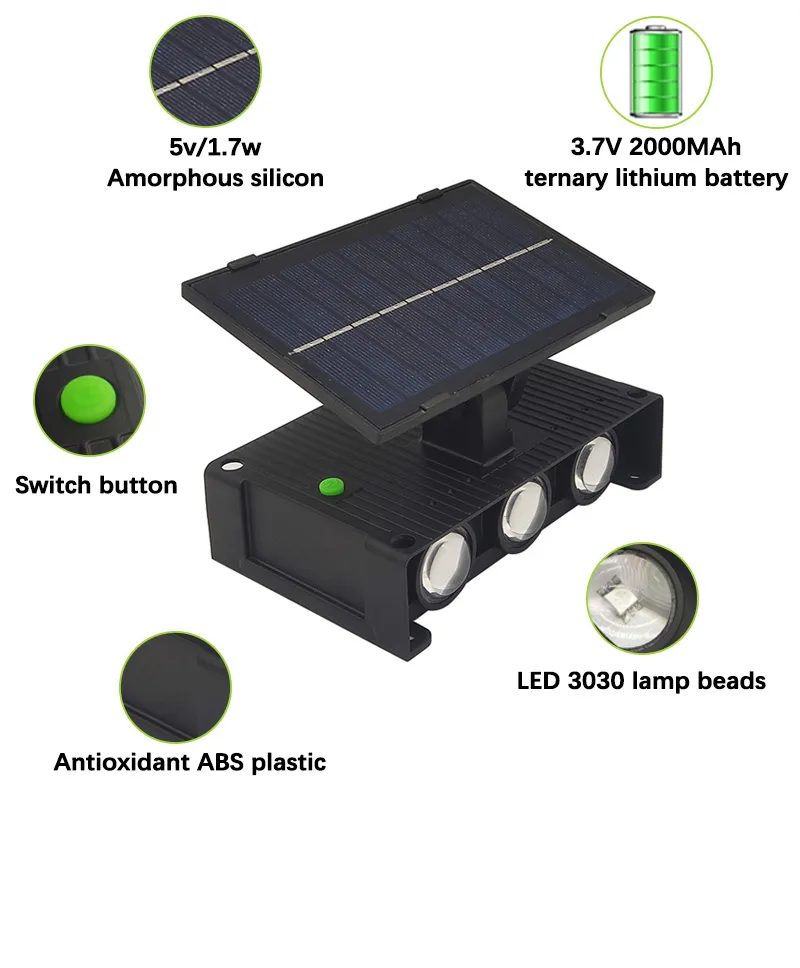 Foco Solar Aplique Bidireccional 6 LED Luz Calida