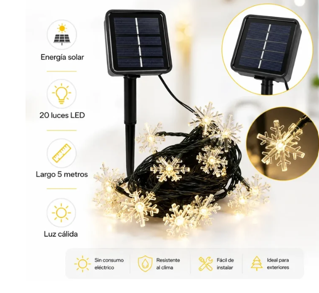 Guirnalda Solar Copos de Nieve 5 m con 20 LED Cálidos para Navidad