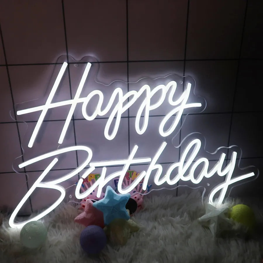 Letrero Neón Led Happy Birthday Luz Blanca 220v