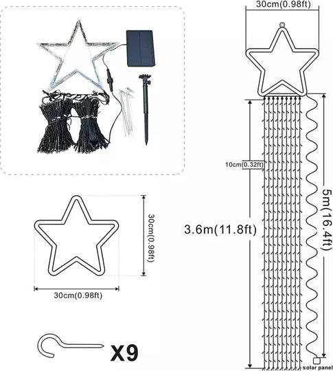 LUZ SOLAR LED CASCADA ESTRELLA 3 MTS. LUZ MULTICOLOR / CALIDA