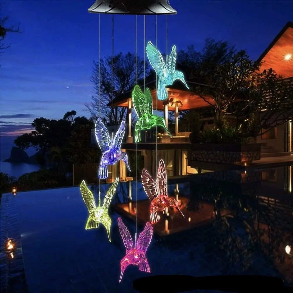 Luz LED Solar De Colores Con Campanilla De Viento En Forma De Colibrís