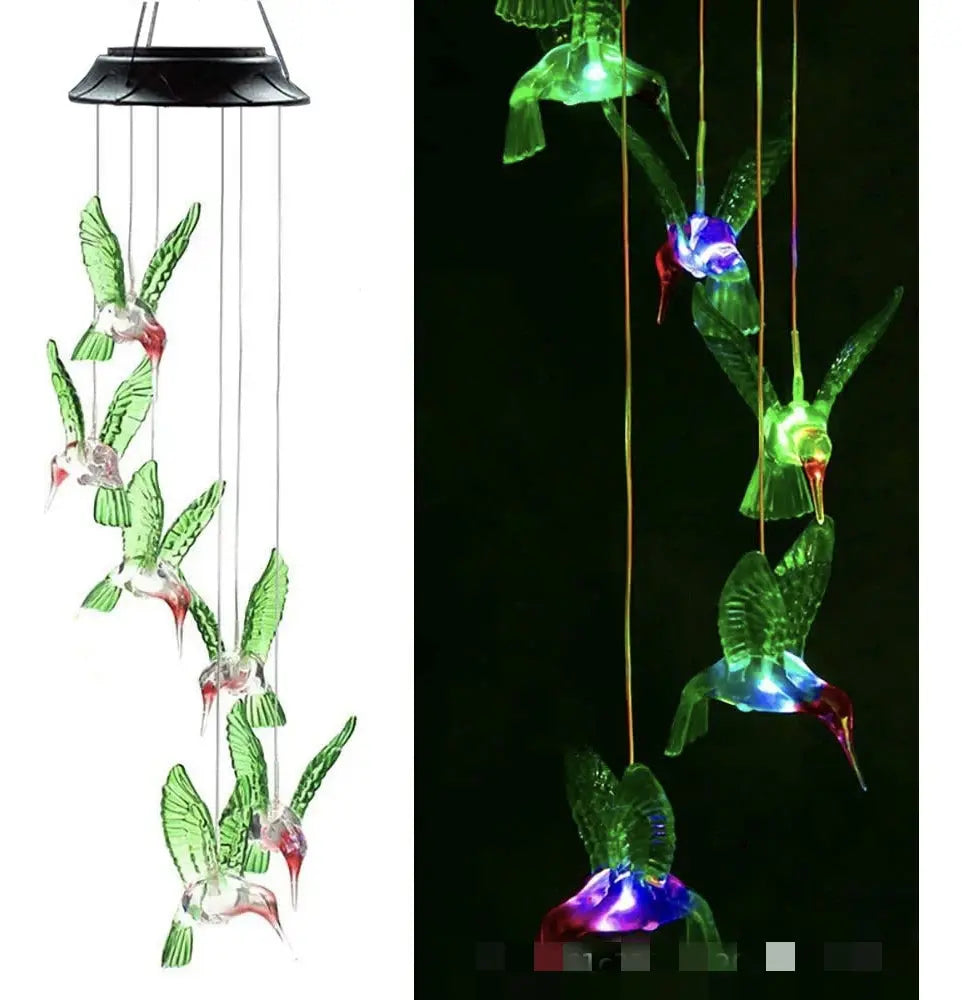 Luz LED Solar De Colores Con Campanilla De Viento En Forma De Colibrís