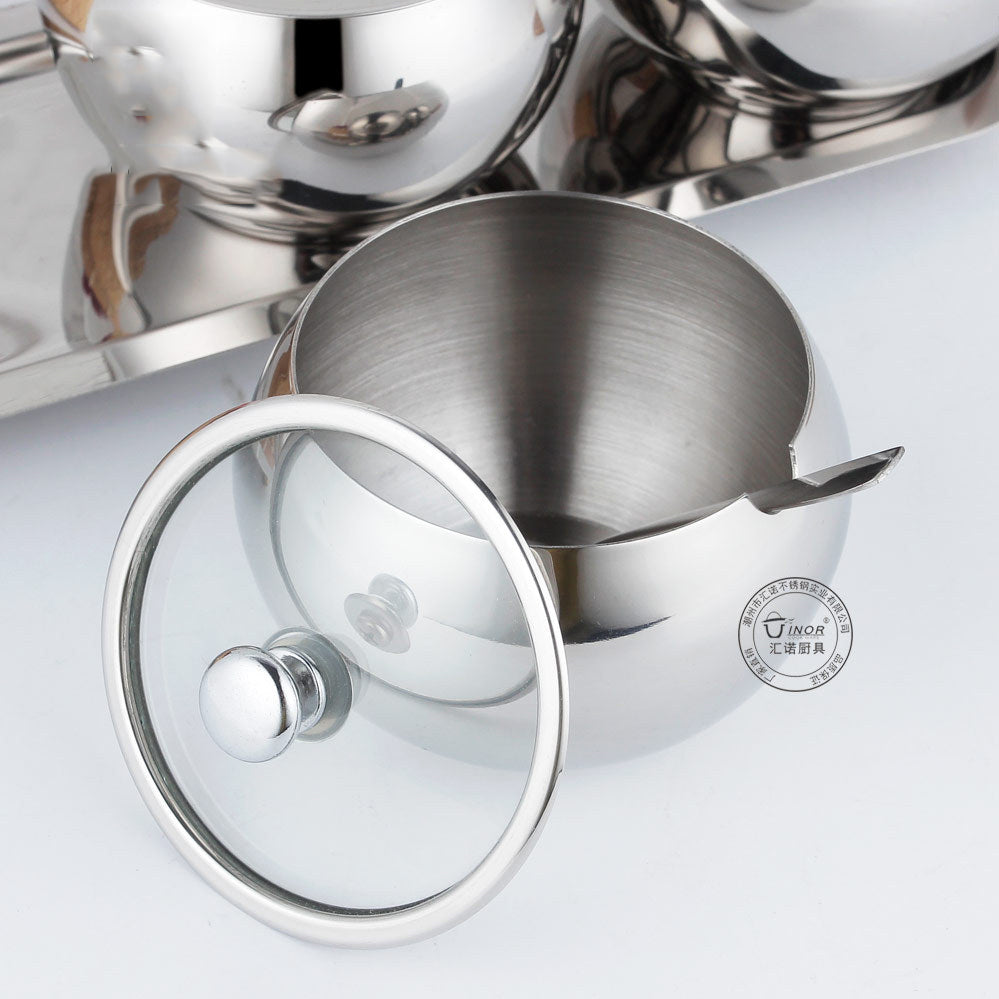 Set Condimentero Acero Inoxidable 3 Pzs Con Bandeja