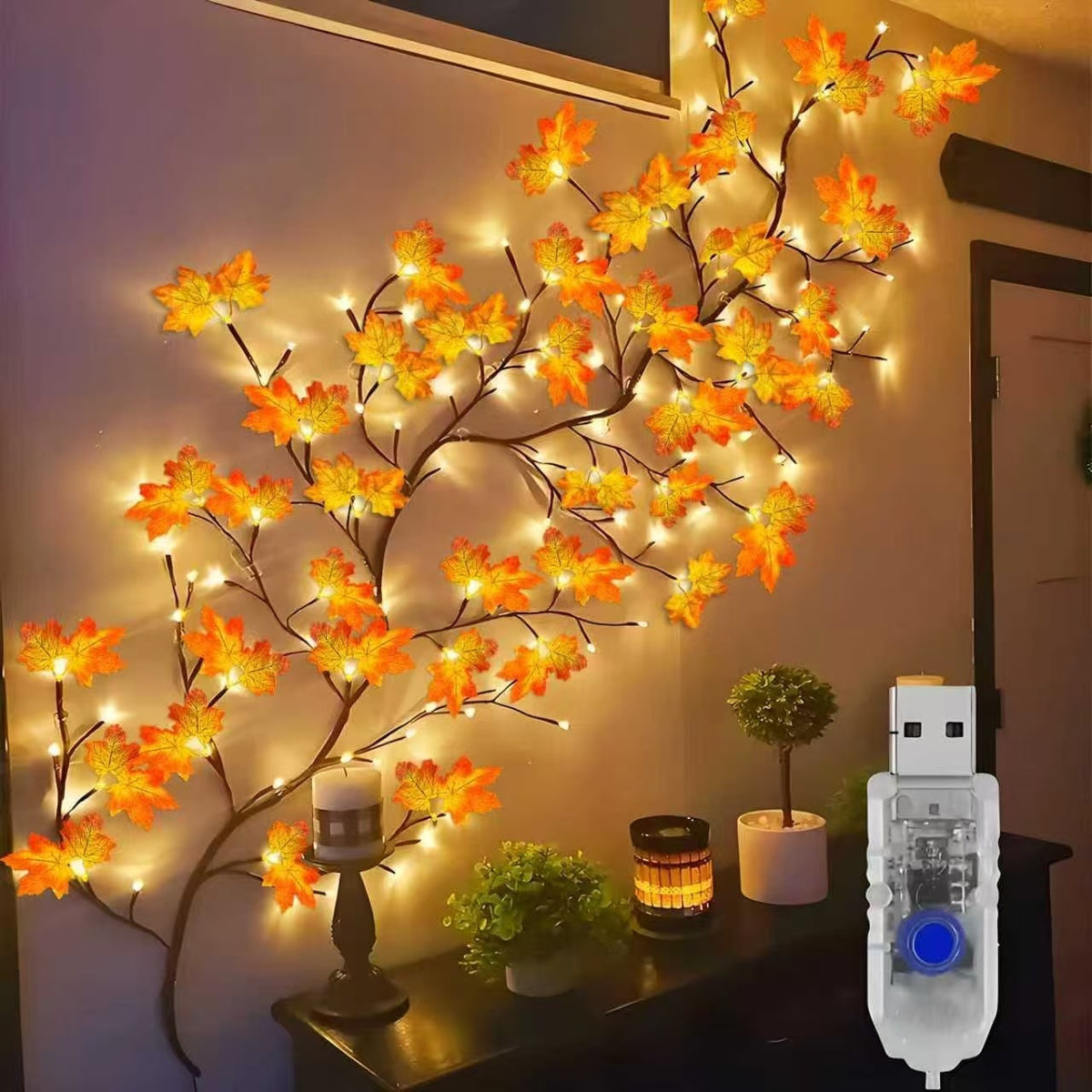 Guirnalda LED Hojas de Arce 1,6 m 72 Luces Cálidas con Control Remoto