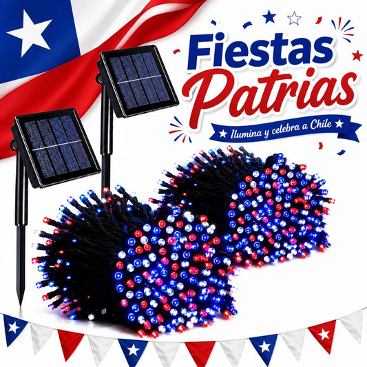 Pack 2 Guirnaldas Luces Solares LED IP65 para Fiestas Patrias Chile Jardín Terraza Exterior