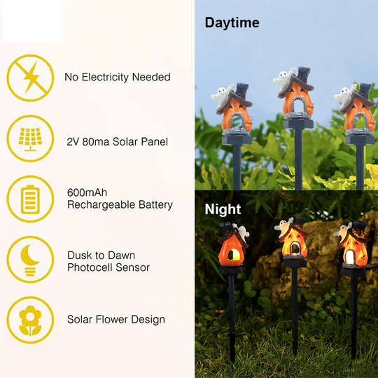 ESTACA SOLAR LED CASA FANTASMA HALLOWEEN LUZ CÁLIDA