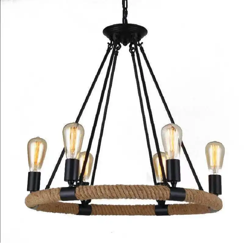 LÁMPARA COLGANTE CANDELABRO RÚSTICO CON CUERDA DE CÁÑAMO (CON AMPOLLETAS)