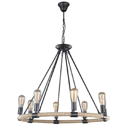 LÁMPARA COLGANTE CANDELABRO RÚSTICO CON CUERDA DE CÁÑAMO (CON AMPOLLETAS)