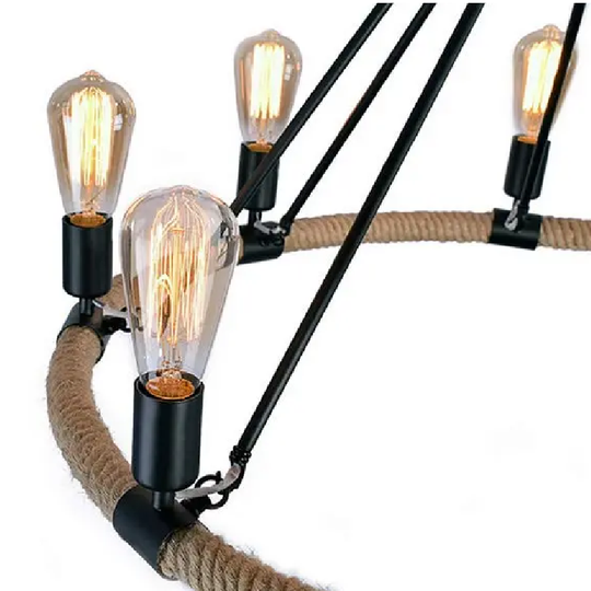 LÁMPARA COLGANTE CANDELABRO RÚSTICO CON CUERDA DE CÁÑAMO (CON AMPOLLETAS)