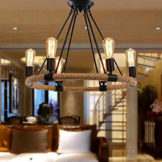 LÁMPARA COLGANTE CANDELABRO RÚSTICO CON CUERDA DE CÁÑAMO (CON AMPOLLETAS)