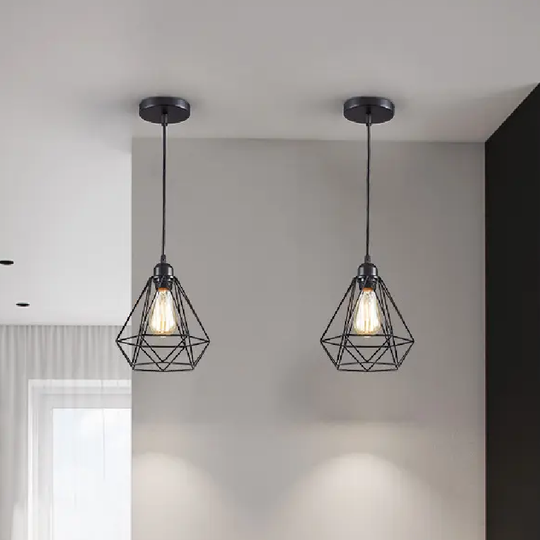 LÁMPARA COLGANTE ESTILO JAULA DIAMANTE DE HIERRO (CON AMPOLLETAS)