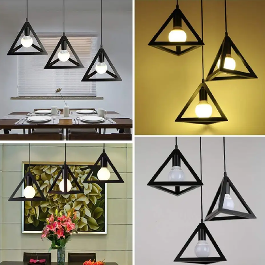 LÁMPARA COLGANTE ESTILO INDUSTRIAL TIPO TRIÁNGULO DE HIERRO (CON AMPOLLETAS)