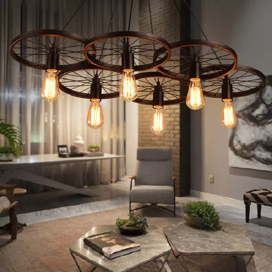 LÁMPARA COLGANTE RUEDAS ESTILO CANDELABRO (CON AMPOLLETAS)
