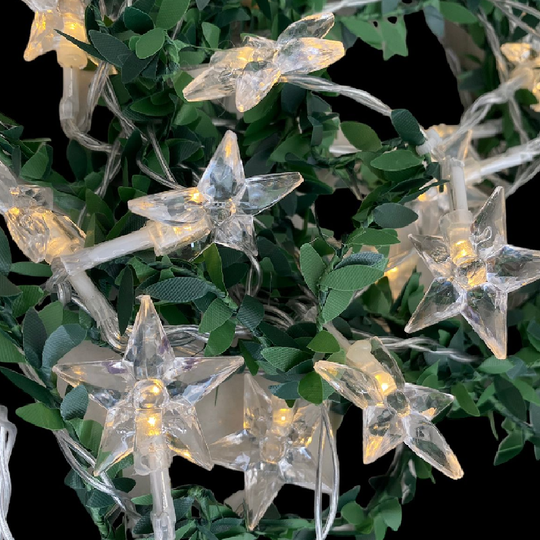 LUZ SOLAR NAVIDEÑA LED ESTILO DECORACIÓN HOJAS Y ESTRELLAS 6MTS.